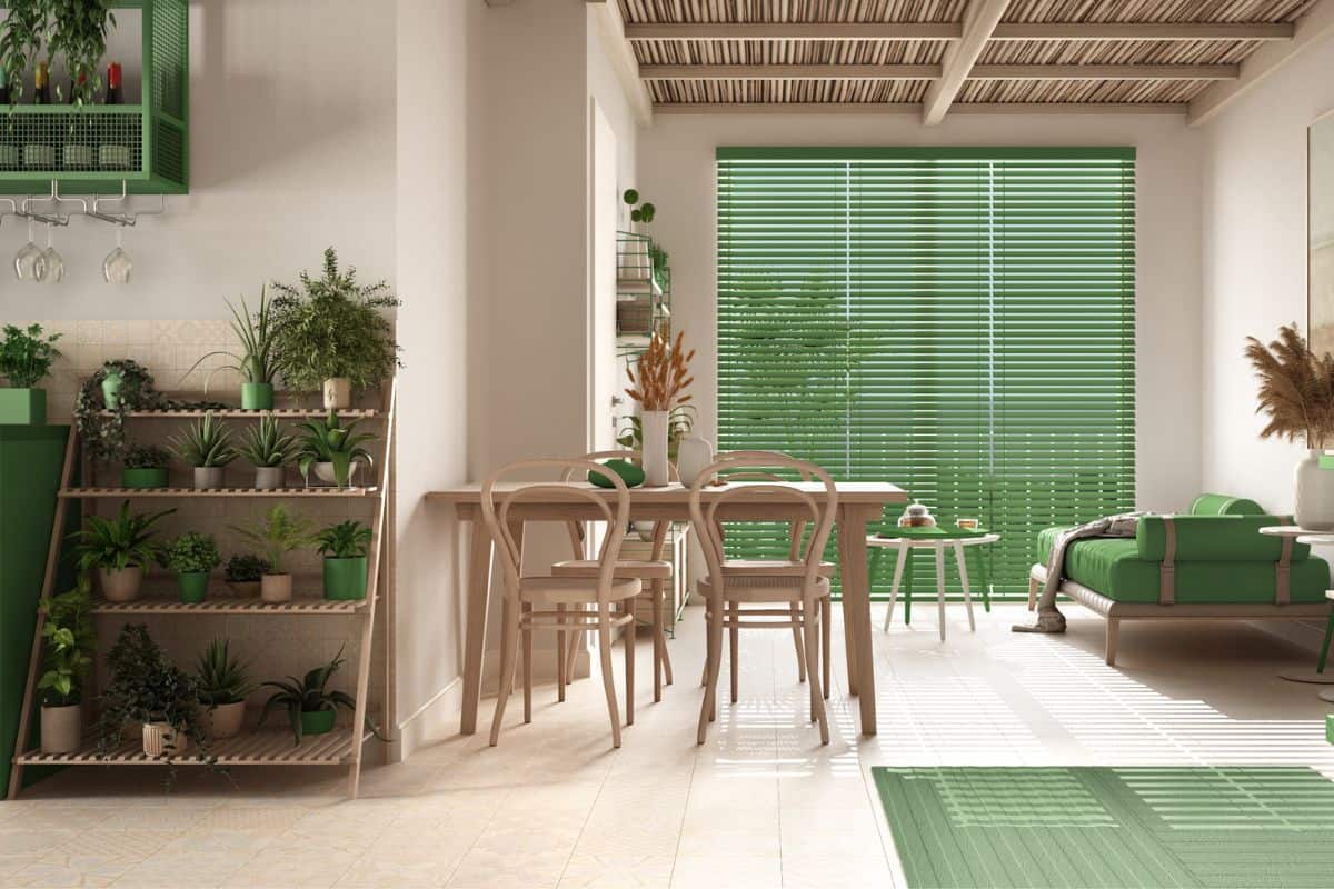 Cozy wooden sustainable living room and kitchen in green tones with bamboo ceiling. Sofa, dining table, chairs.