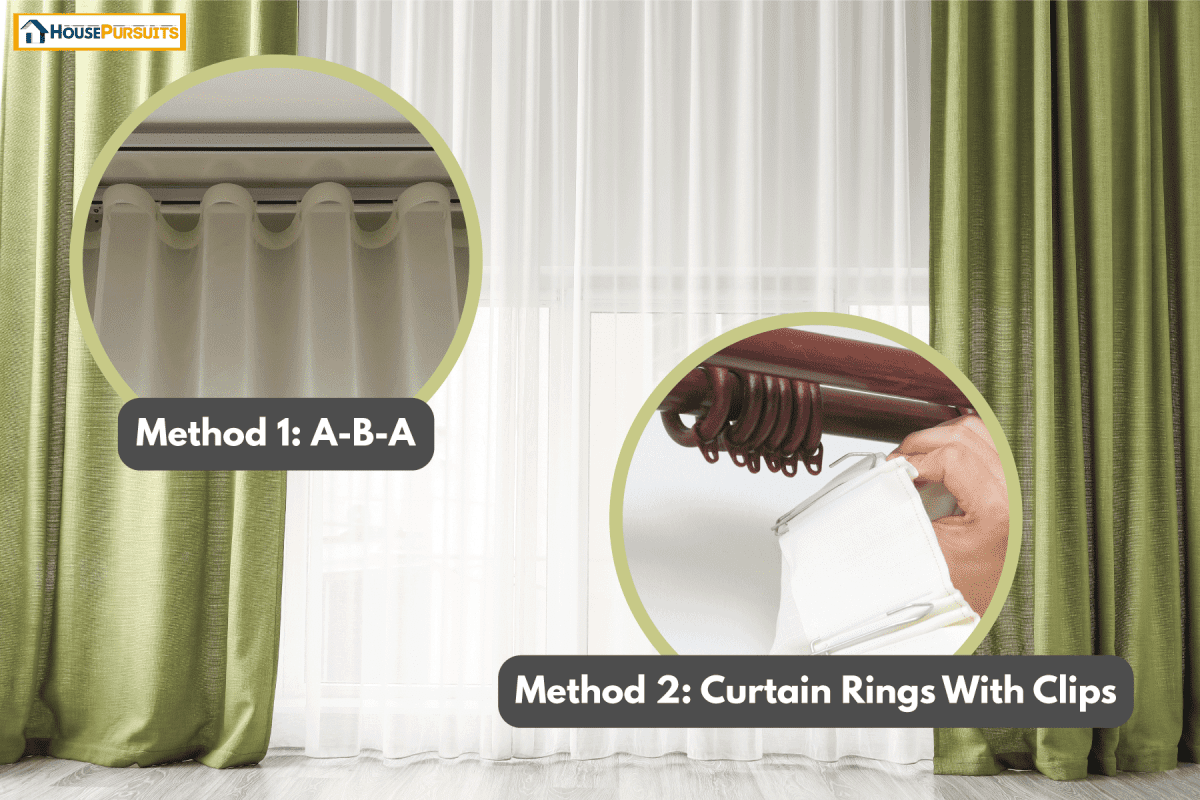 photo of a green curtain with sheers on a huge wide open window on the room inside the hotel, How To Layer Curtains With Sheers On Same Rod