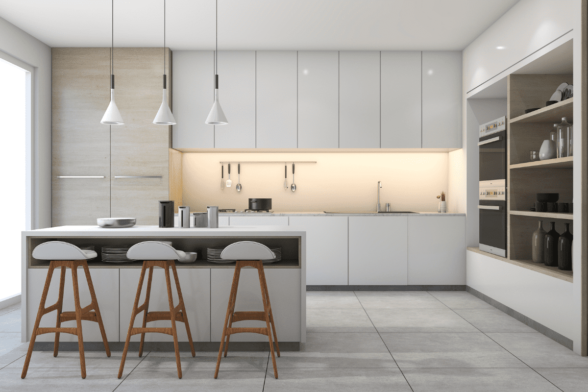 3d rendering white modern design kitchen with lamp stock photo.