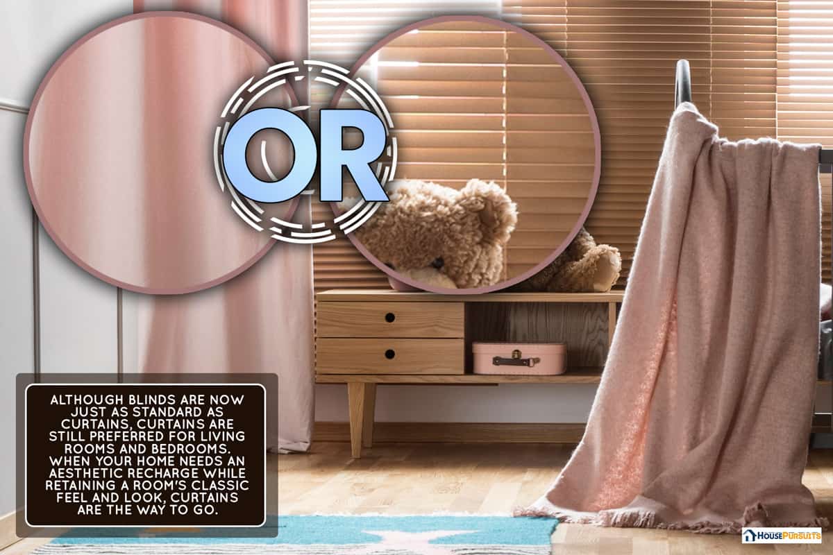 Panorama of a cozy, gray nursery bedroom interior with a classic wooden baby crib and pastel pink decorations, Curtains Or Blinds For Bedroom - Which Is Right For You?