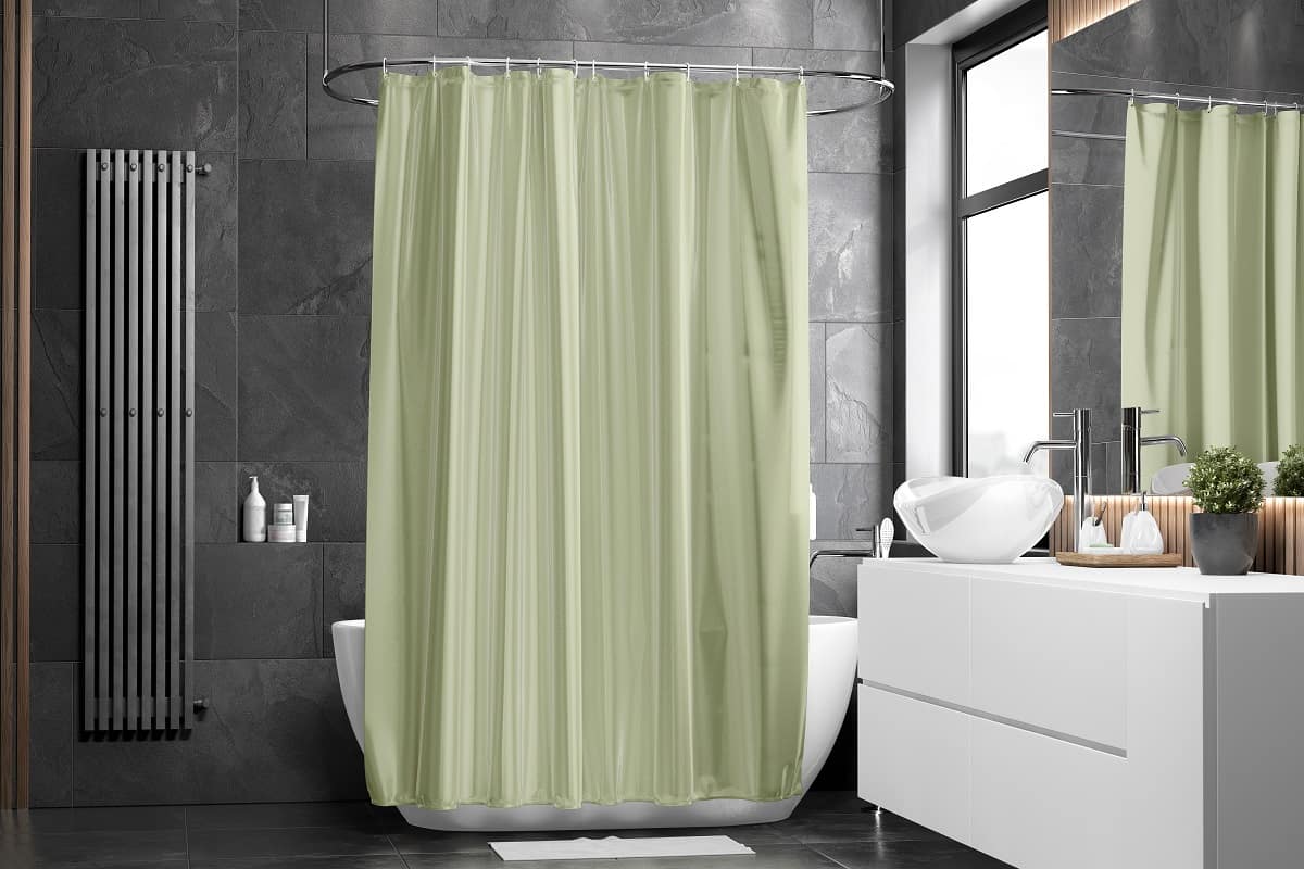 Blank green closed shower curtain mockup, front view,