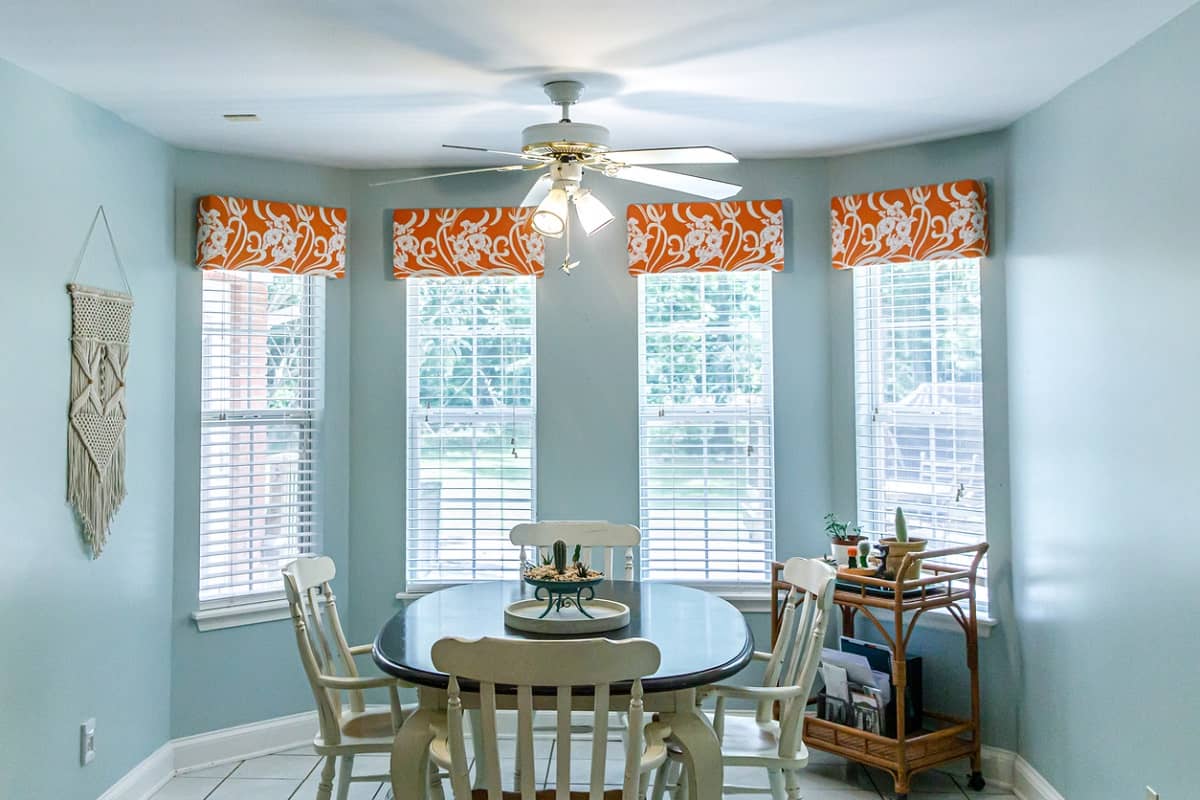 Do Blinds Need A Valance - Light Blue Eat-In Dining Room next to the kitchen with a tile floor, table and chairs