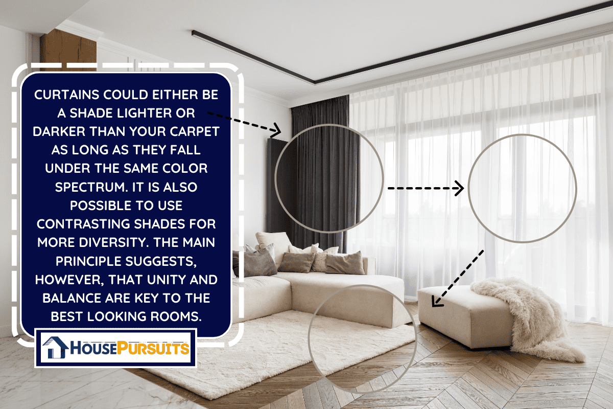 Elegant and comfortable designed living room with big corner sofa, wooden floor and big windows. - Should Curtains Be Lighter Or Darker Than Carpet? 
