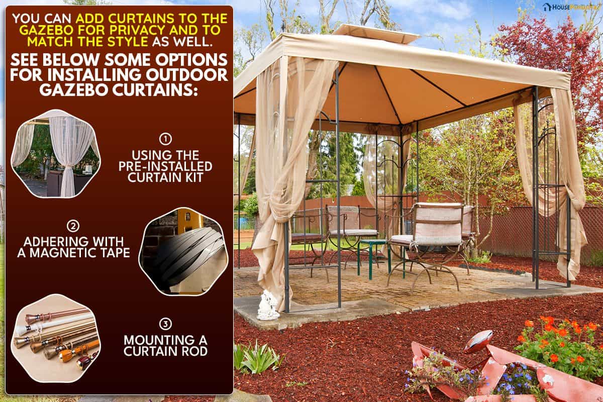 Backyard with flower beds, lawn and gazebo, How To Hang Curtains On A Metal Gazebo