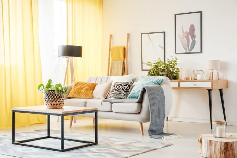 Plant on table and lamp in warm living room with yellow curtains, posters and pillows on sofa - What Color Curtains Brighten A Room