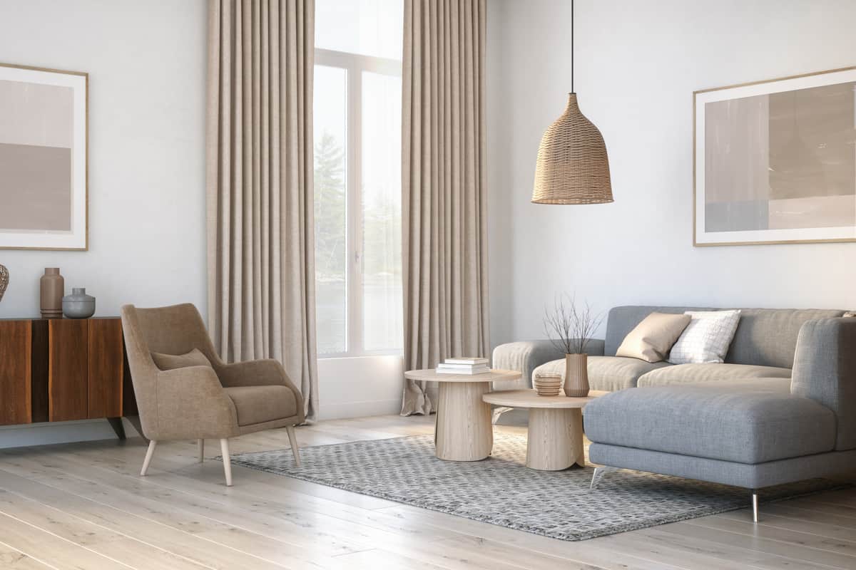 Scandinavian interior design living room 3d render with gray and beige colored furniture and wooden elements.