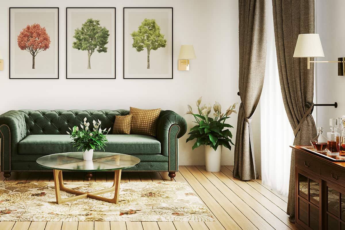 Stylish living room with floral rug