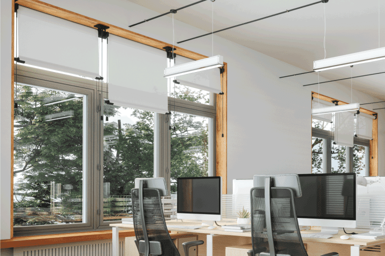 White roller blind and window. computers and office chairs. What Color Blinds Go With Oak Trim