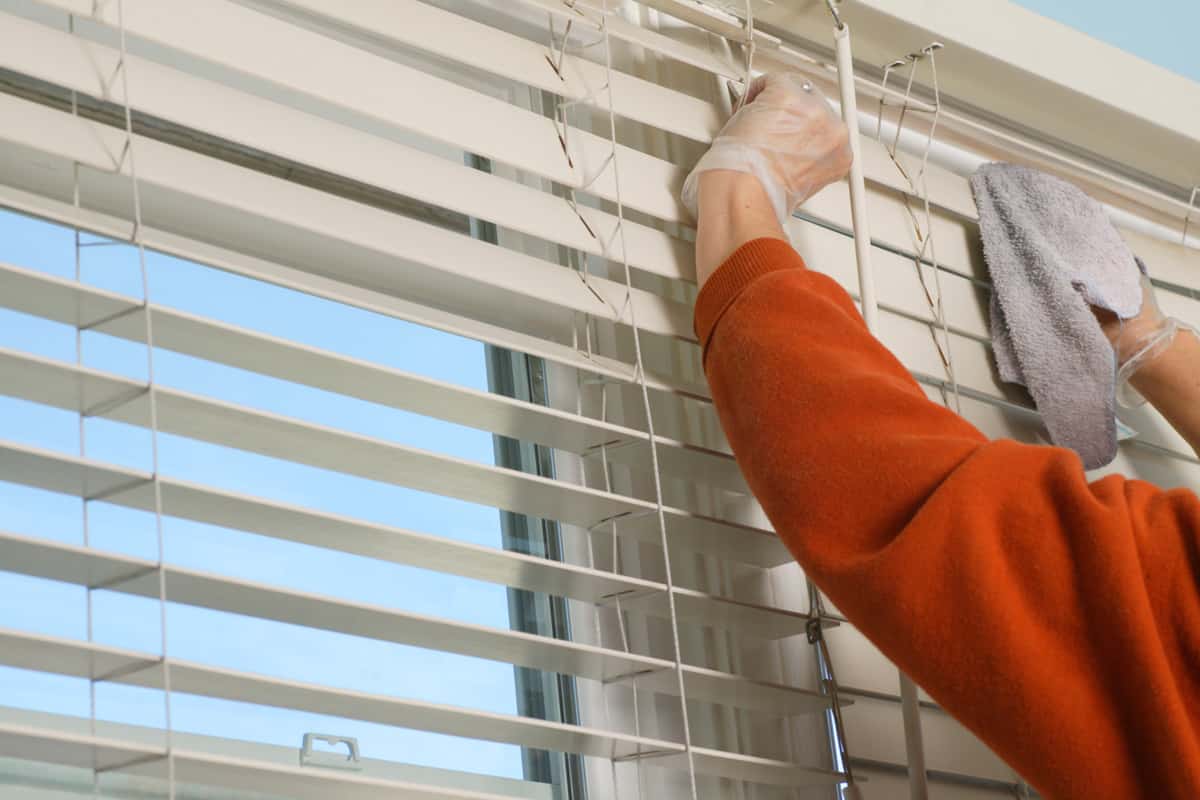 Woman cleaning window blinds with dust rag.