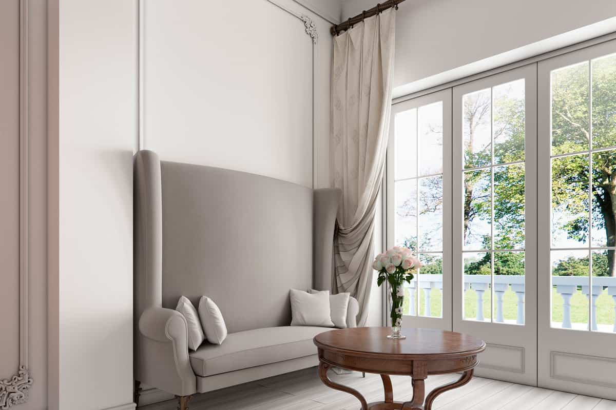high ceiling house wide open window long white curtain