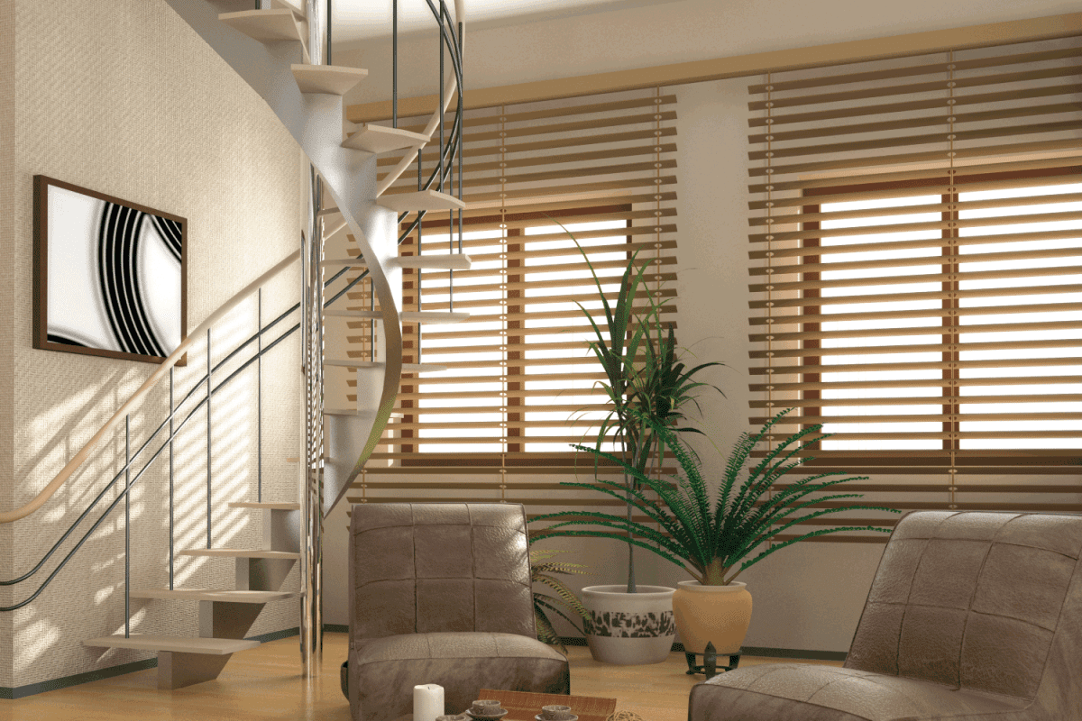 spaced wood blinds on a modern interior house with spiral staircase