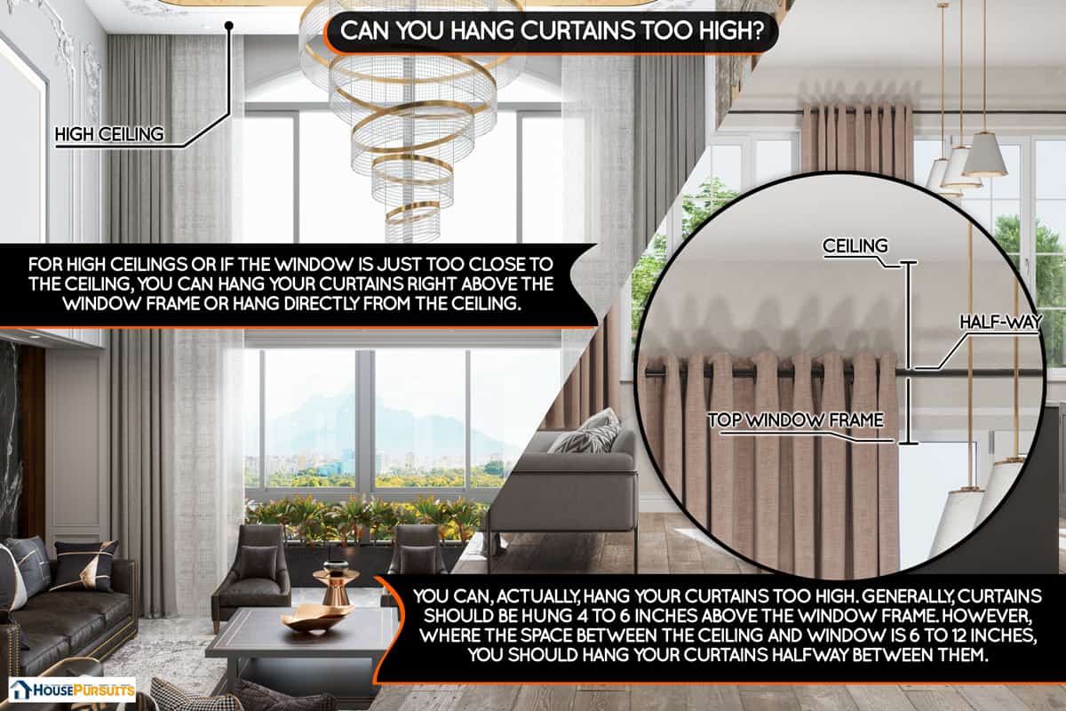 A collage of two Interior of a luxurious loft living room, Can You Hang Curtains Too High?