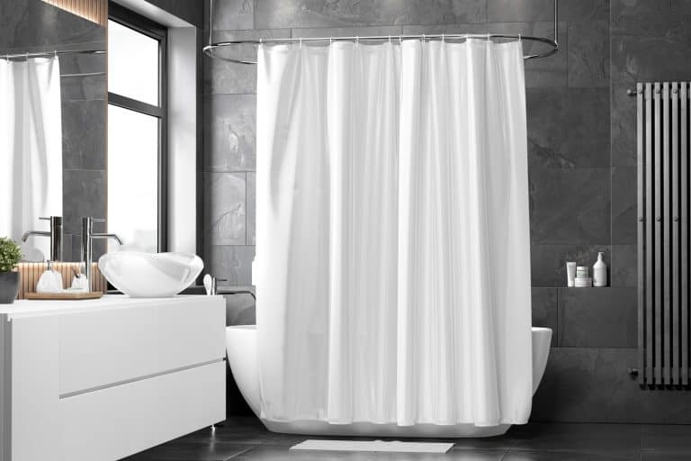 Blank white closed shower curtain mock up, front view,. Empty toilet apartment with bath curtain mockup. Screen blind slip in indoor furniture template. - Do Shower Curtains Come In Different Lengths [And What Is Right For You]
