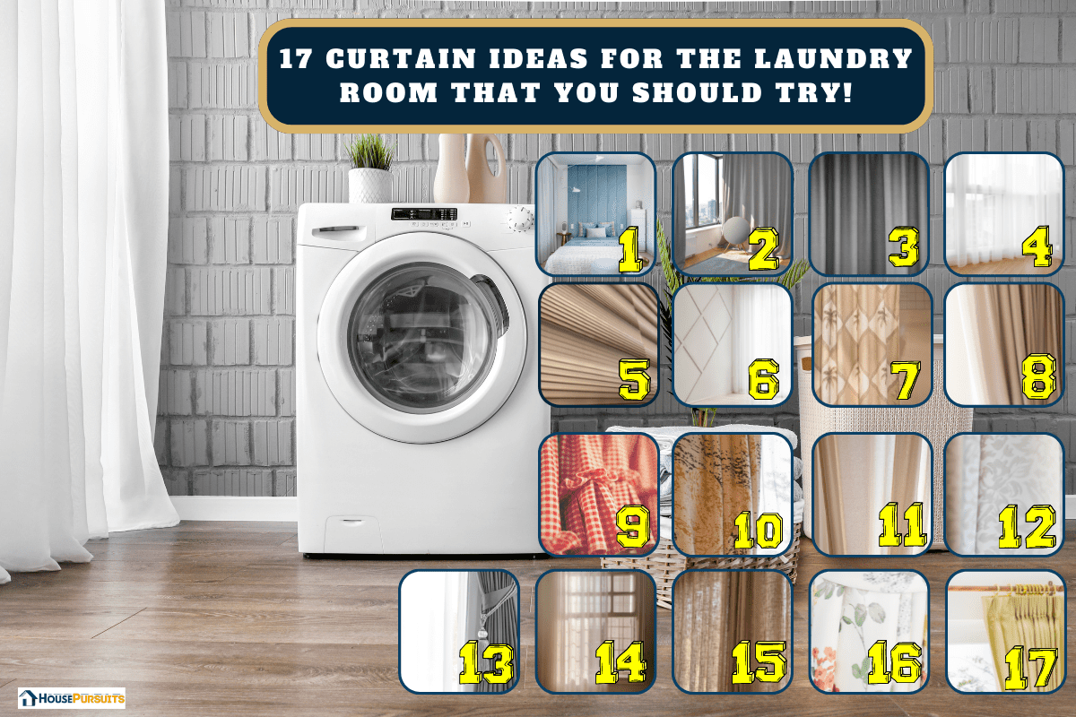 Clothes washing machine in laundry room interior with window. - 17 Curtain Ideas For The Laundry Room That You Should Try!