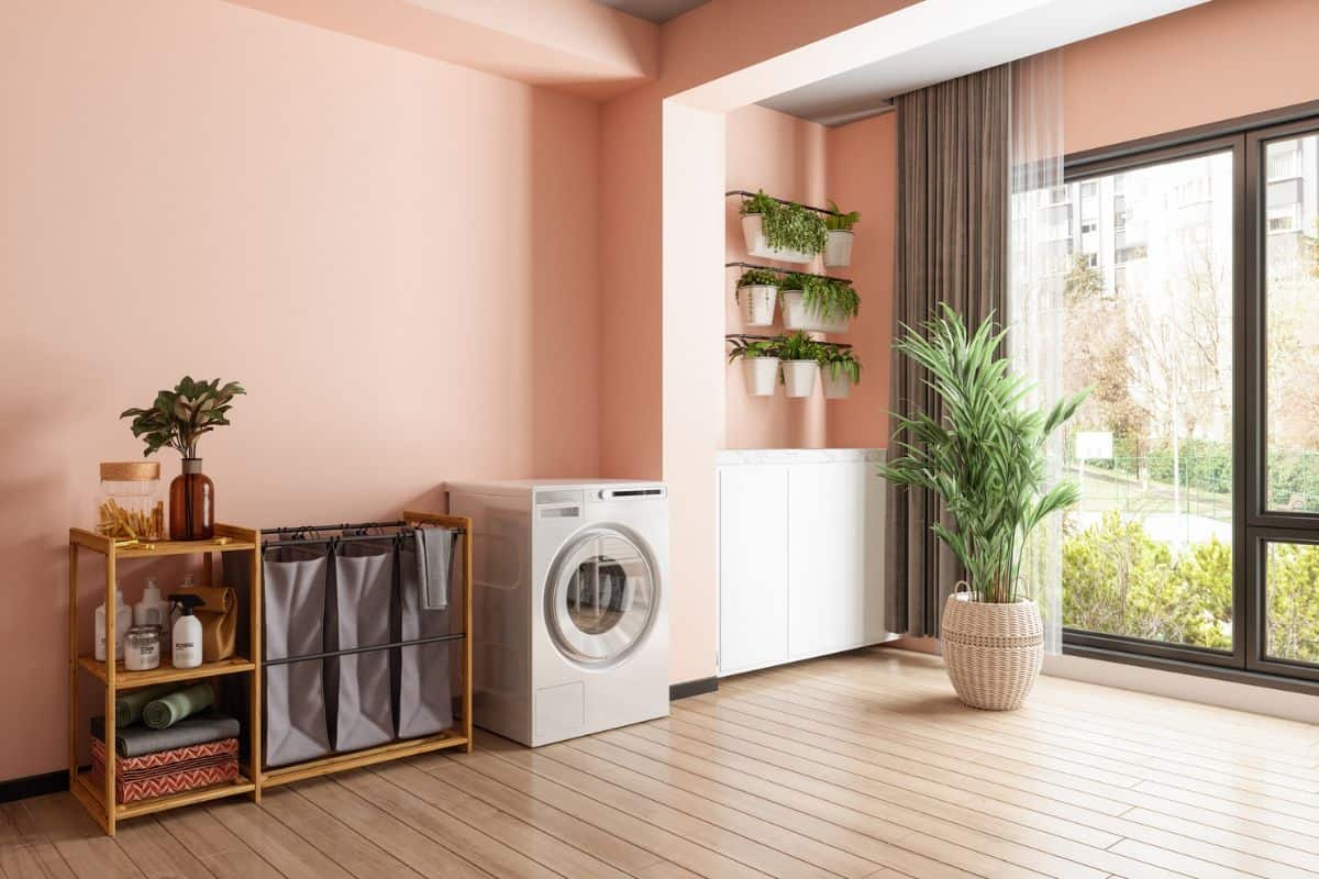 Laundry Room Interior With Washer Dryer Machine, Laundry Basket, Potted Plants And Coral Color Wall